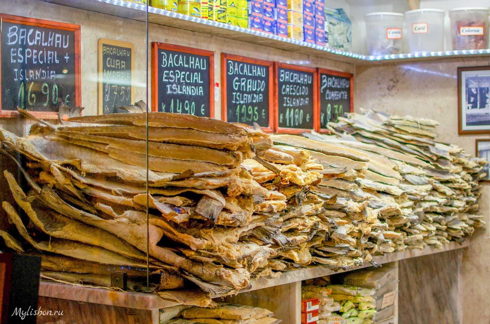 Salted cod at a market stall.