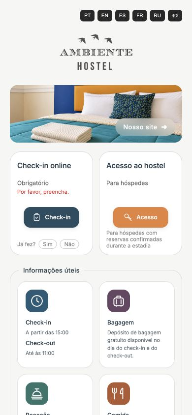 A app real do Ambiente Hostel aberta num iPhone, com check-in, acesso e informações úteis